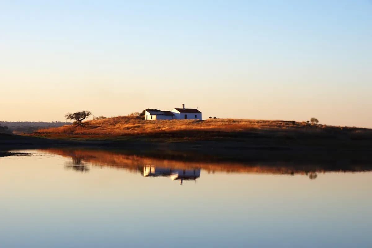 Isolated rural house beside the Alqueva reservoir in the Alentejo countryside