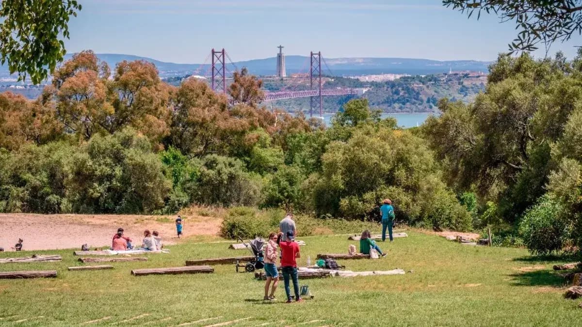Lisbon's famous 25 de Abril Bridge seen from Monsanto Forest Park