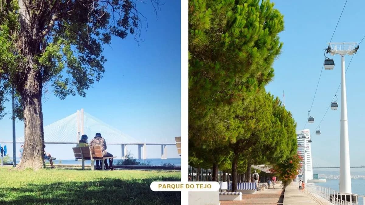 View of the cable car and the Vasco de Gama Bridge from the Parque do Tejo in Lisbon