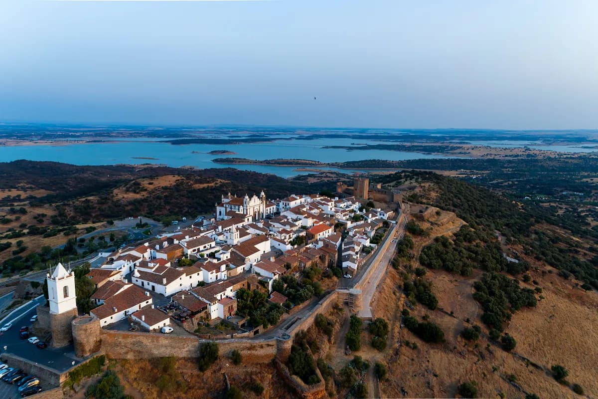 Aerial view of Monsaraz, with the Alqueva reservoir and the Alentejo landscape in the background