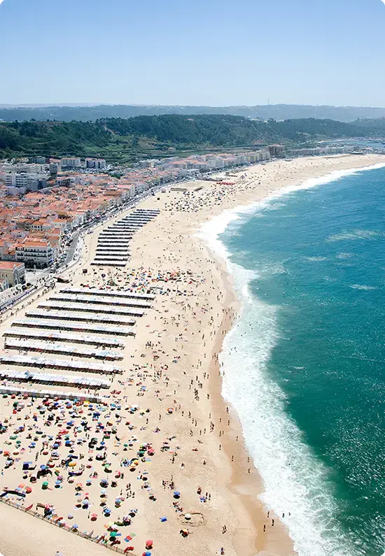 The beach of Nazaré town close to the famous giant wave surfing spot in Portugal