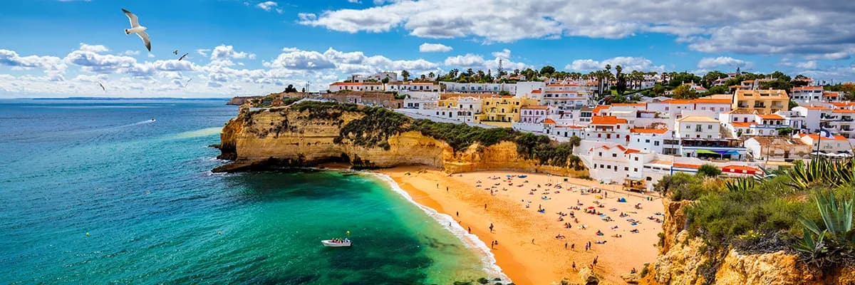 A view of the town and beach of Carvoeiro in the Algarve