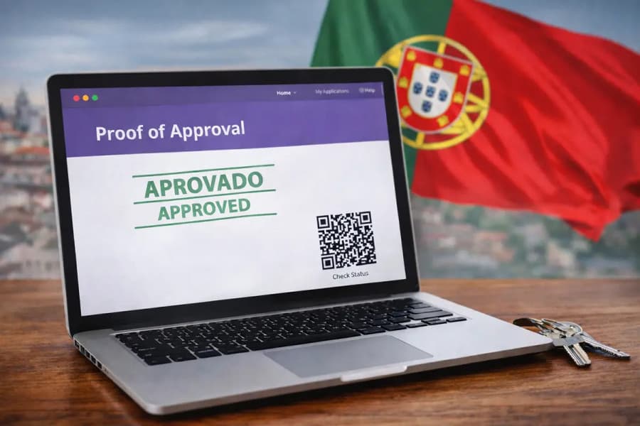 A laptop shows proof of approval while a Portuguese flag flies in the background