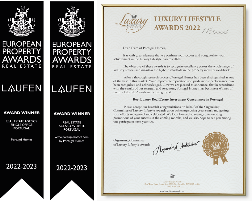 Portugal Homes awards and recognitions of the year 2022, awards from International Property Awards and Luxury Lifestyle Awards.