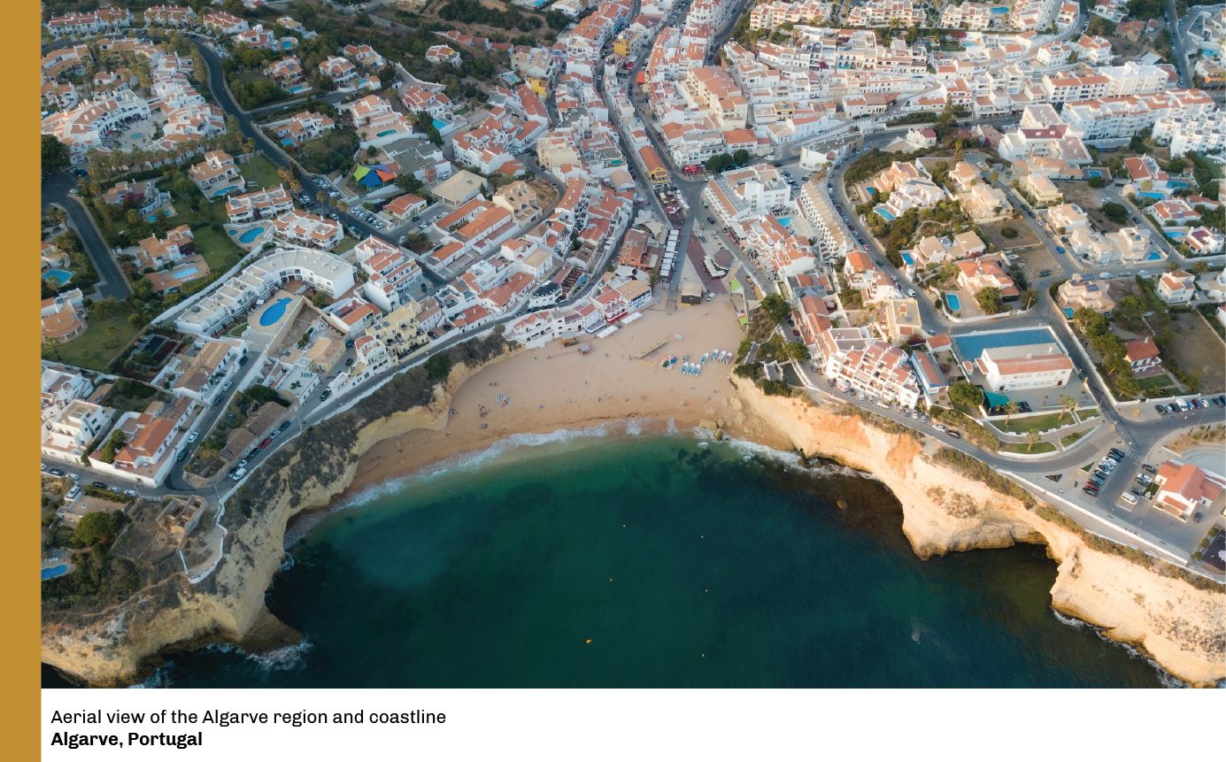 Aerial view of the Algarve region and coastline in Portugal.