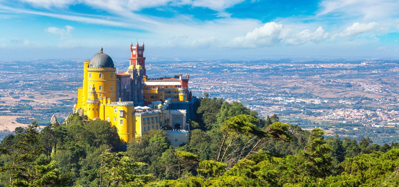 Pena castle in Sintra and panoramic landscape.