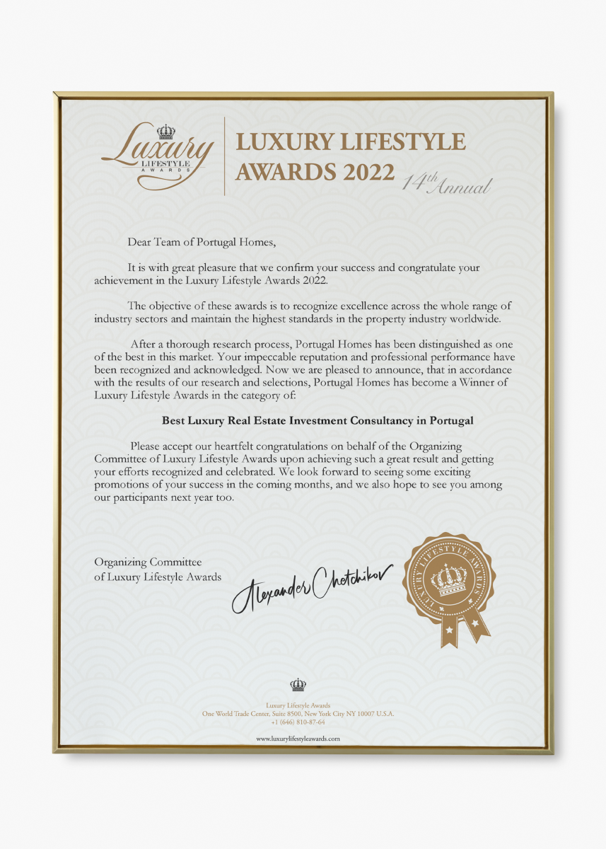 Portugal Homes acknowledged by Luxury Lifestyle Awards 2022 - official letter.
