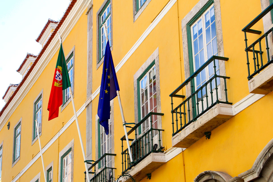 Portuguese and EU Flags in a Portuguese Building