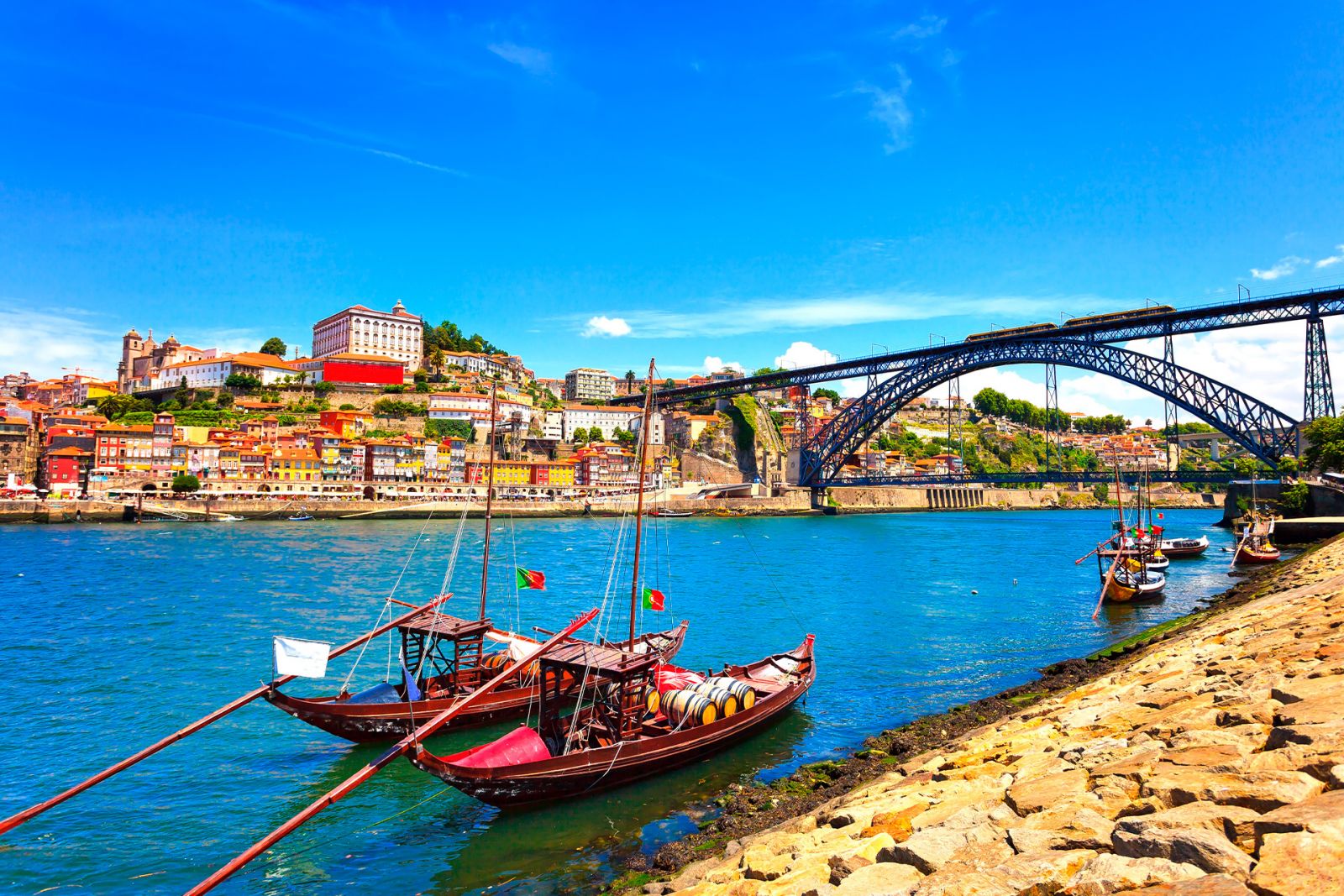 Colourful riverside of Porto during summer period.