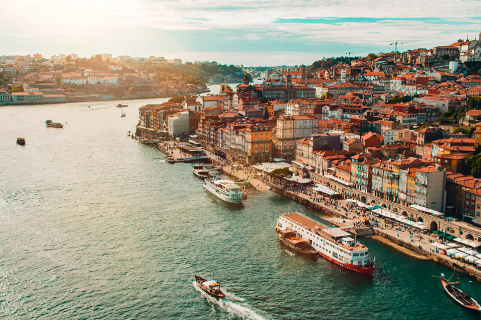 Downtown Porto River Overview with traditional buildings
