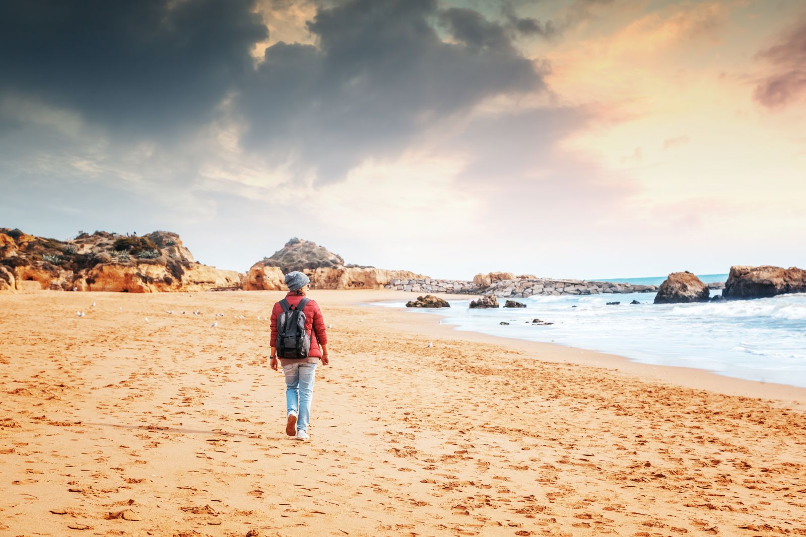 Sandy beach in the Algarve during winter season.