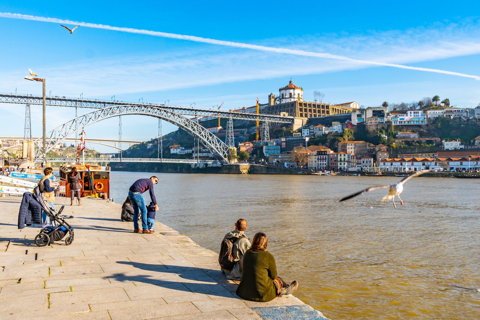 Porto in wintertime by Luís I Bridge and Douro river.
